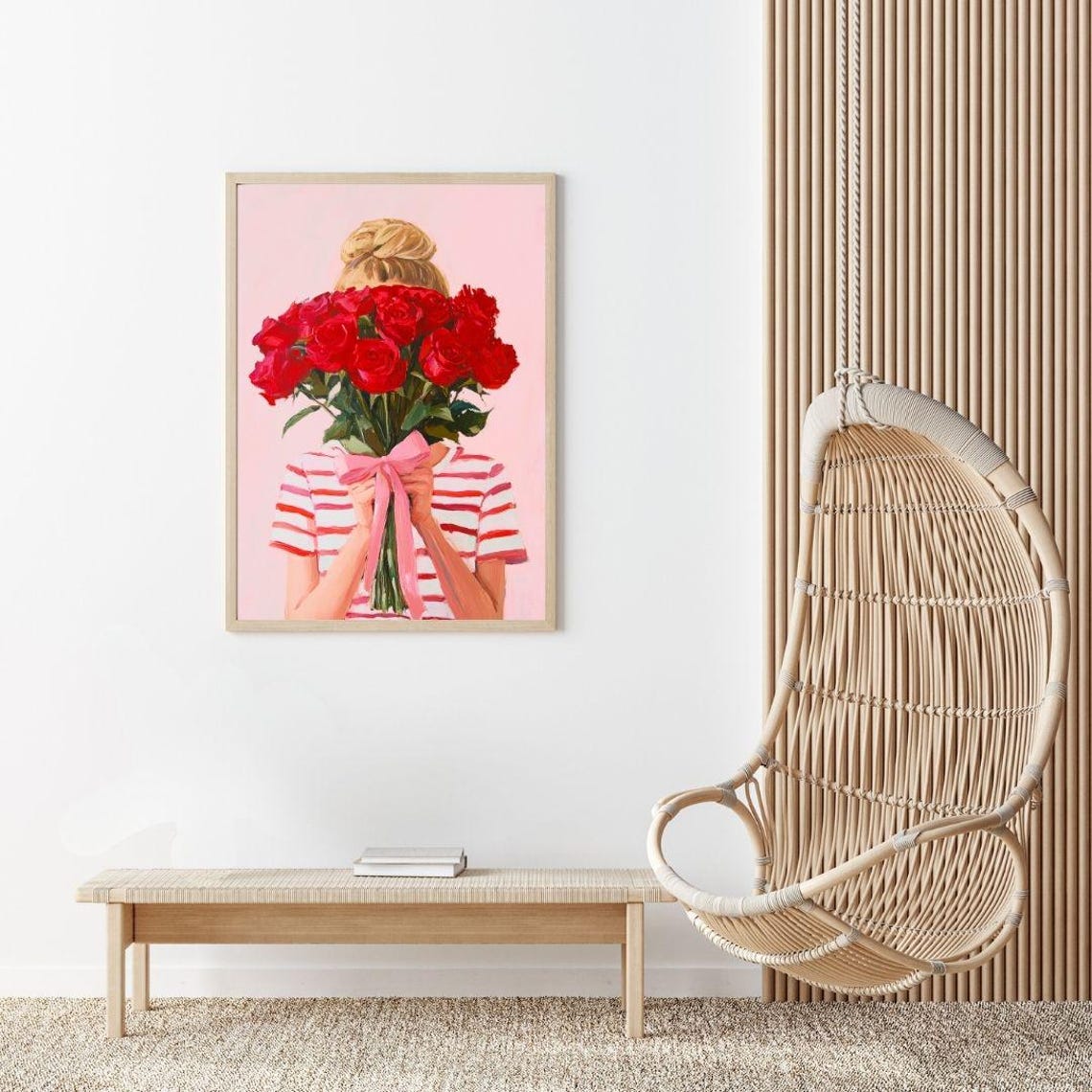 Girl Holding Red Rose Bouquet Painting Valentines Day Wall Art Print Pink Girls Room Preppy Pink Portrait - Image 2