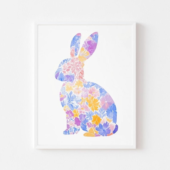 Floral Rabbit Silhouette Filled with Watercolor Blooms Easter Poster