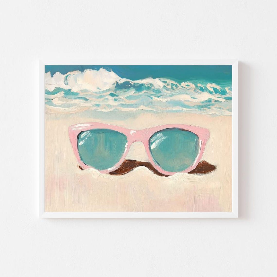 Pink Sunglasses Resting On A Sandy Beach Waves Painting Poster