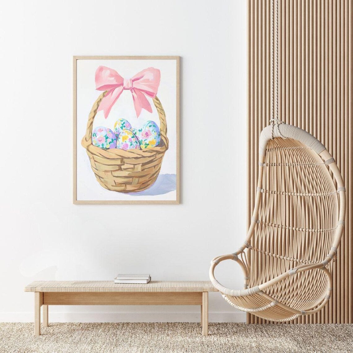 Easter Basket with Pink Bow Filled with Floral Eggs Painting Poster - Image 2