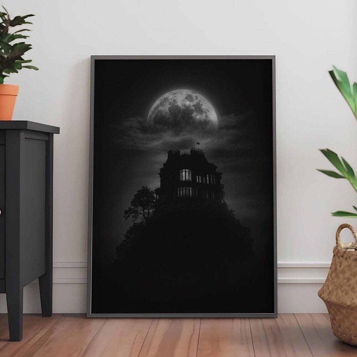 Haunted Victorian House Full Moon Black and White Gothic Poster