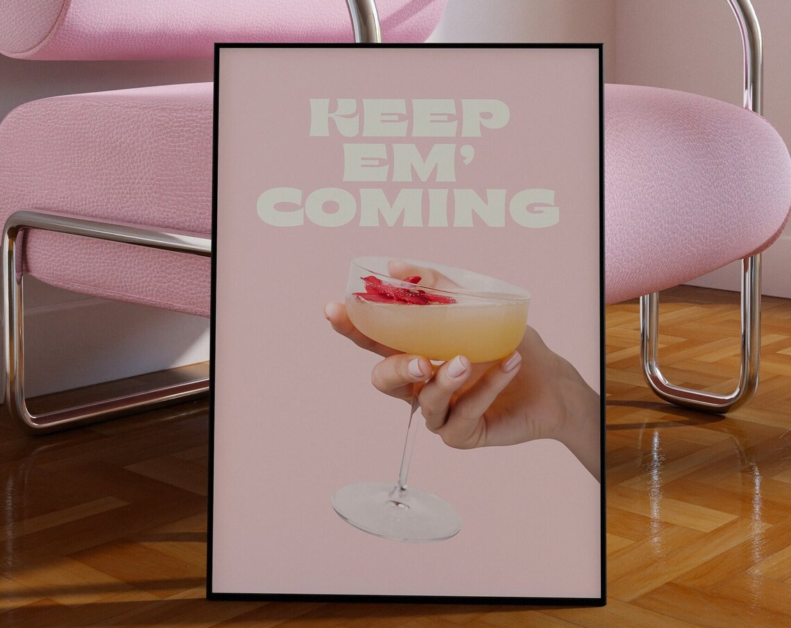 Blush Pink Retro Cocktail Hour Handheld Coupe Preppy Bar Cart Poster