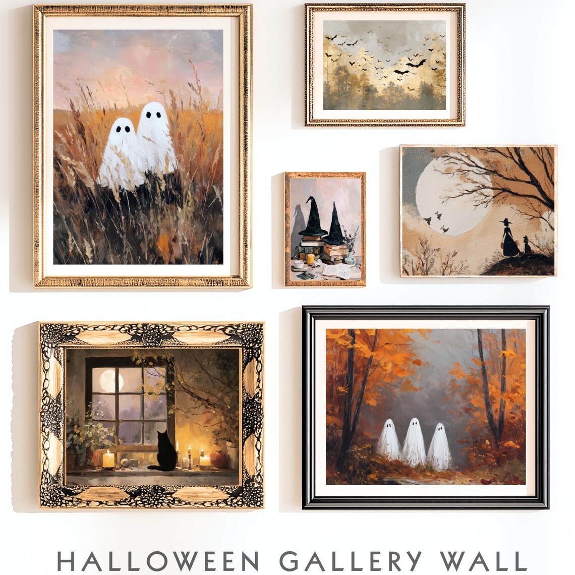 Vintage Halloween Ghosts Cats Pumpkins Poster Print