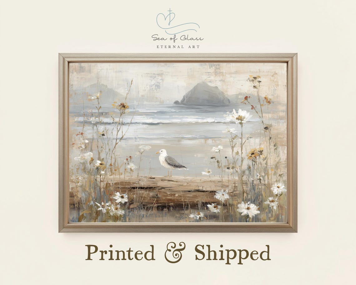 Seagull On Driftwood Coastal Wildflowers Neutral Ocean Poster