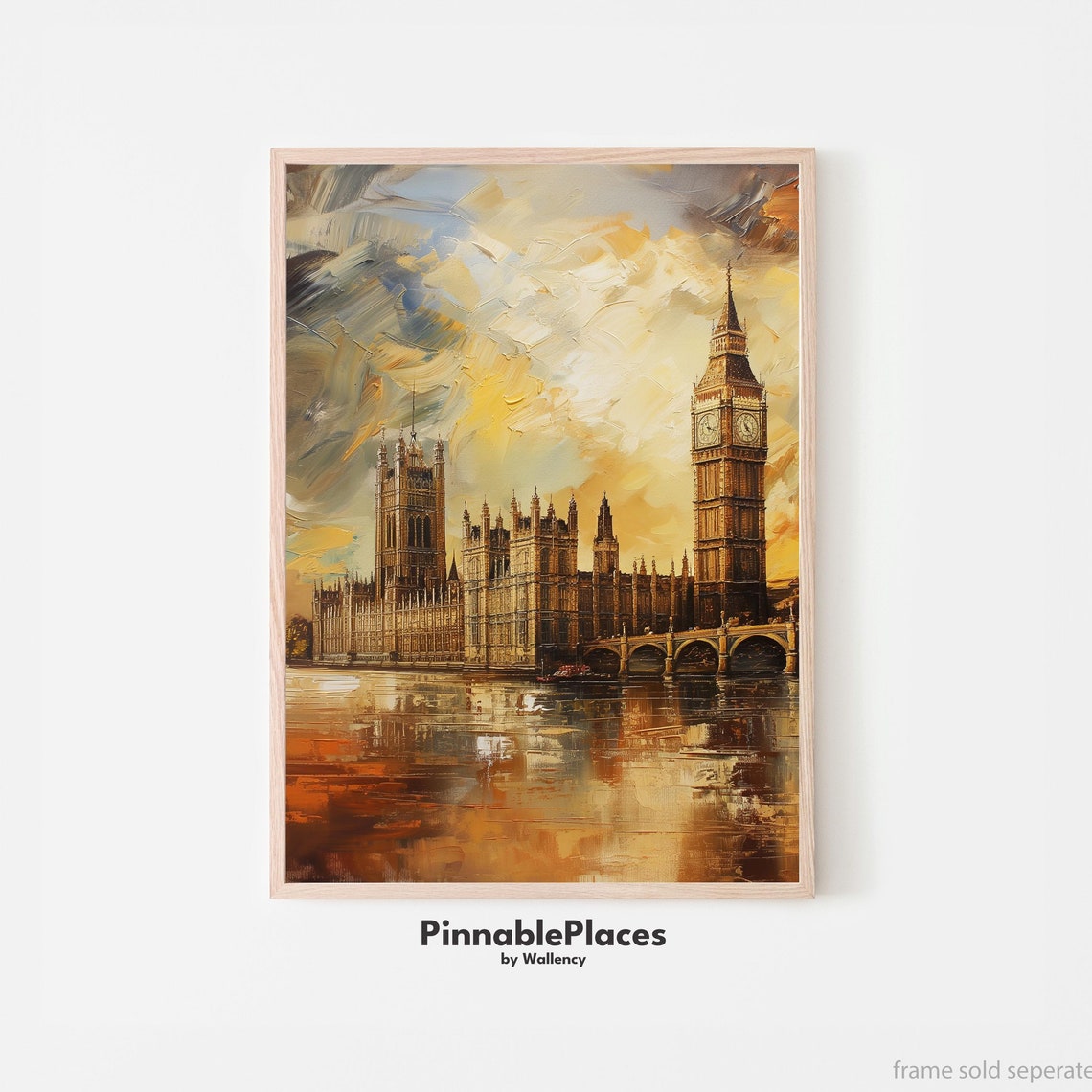 Big Ben and Westminster Palace Golden Sunset Gouache Art Poster