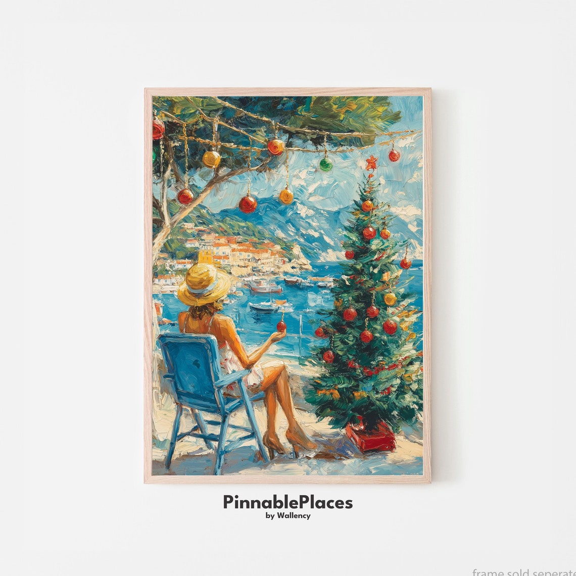 Seated Woman With Christmas Baubles Coastal Holiday Art Poster