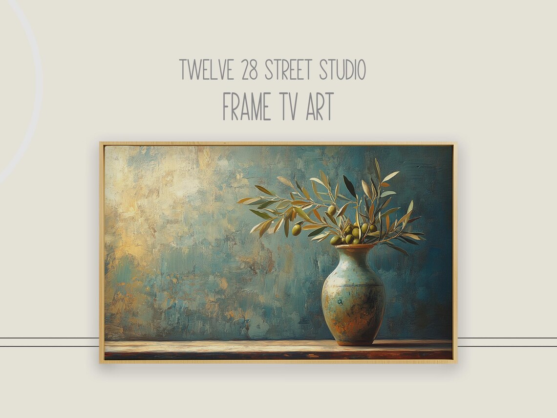 Olive Branch Still Life Rustic Ceramic Vase Vintage Painting Wall Art