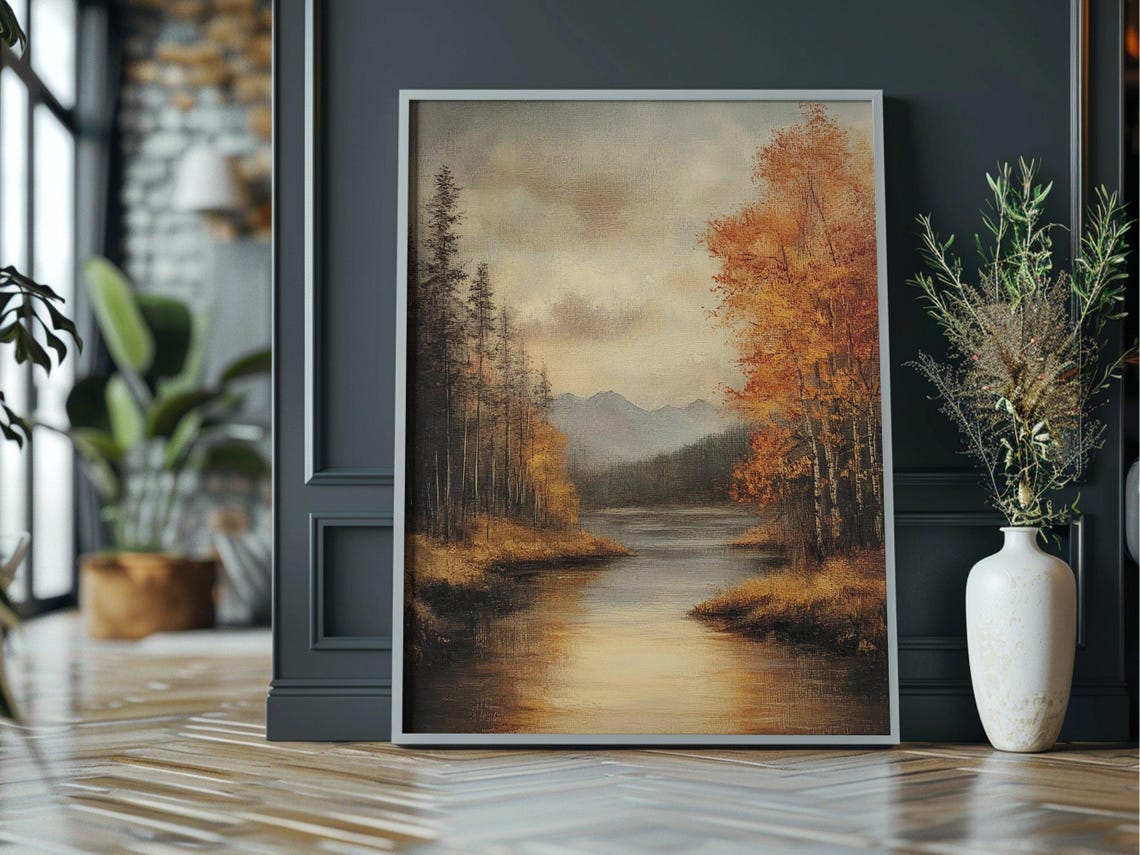 Autumn River Landscape Golden Trees Moody Mountains Fall Art Poster - Image 3