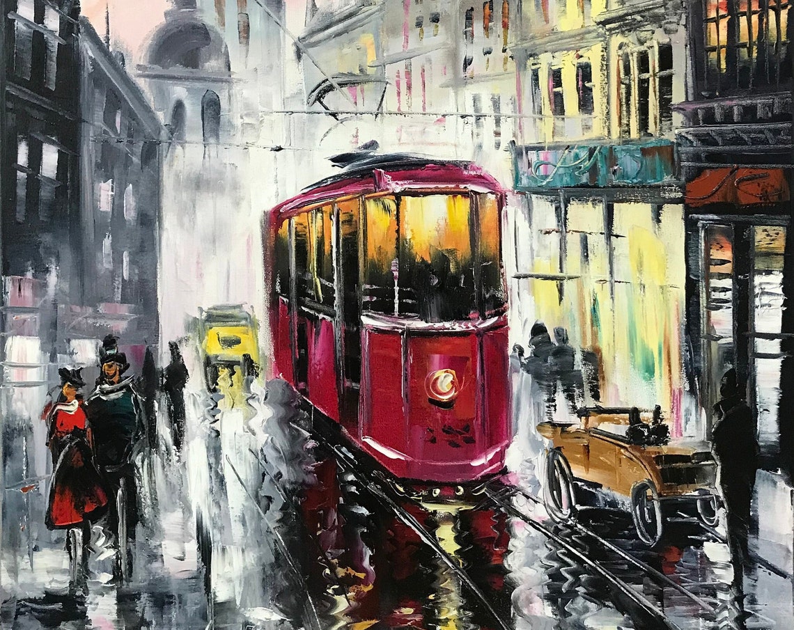 Red Vintage Tram Rainy European Old Town Street Night Lights Poster