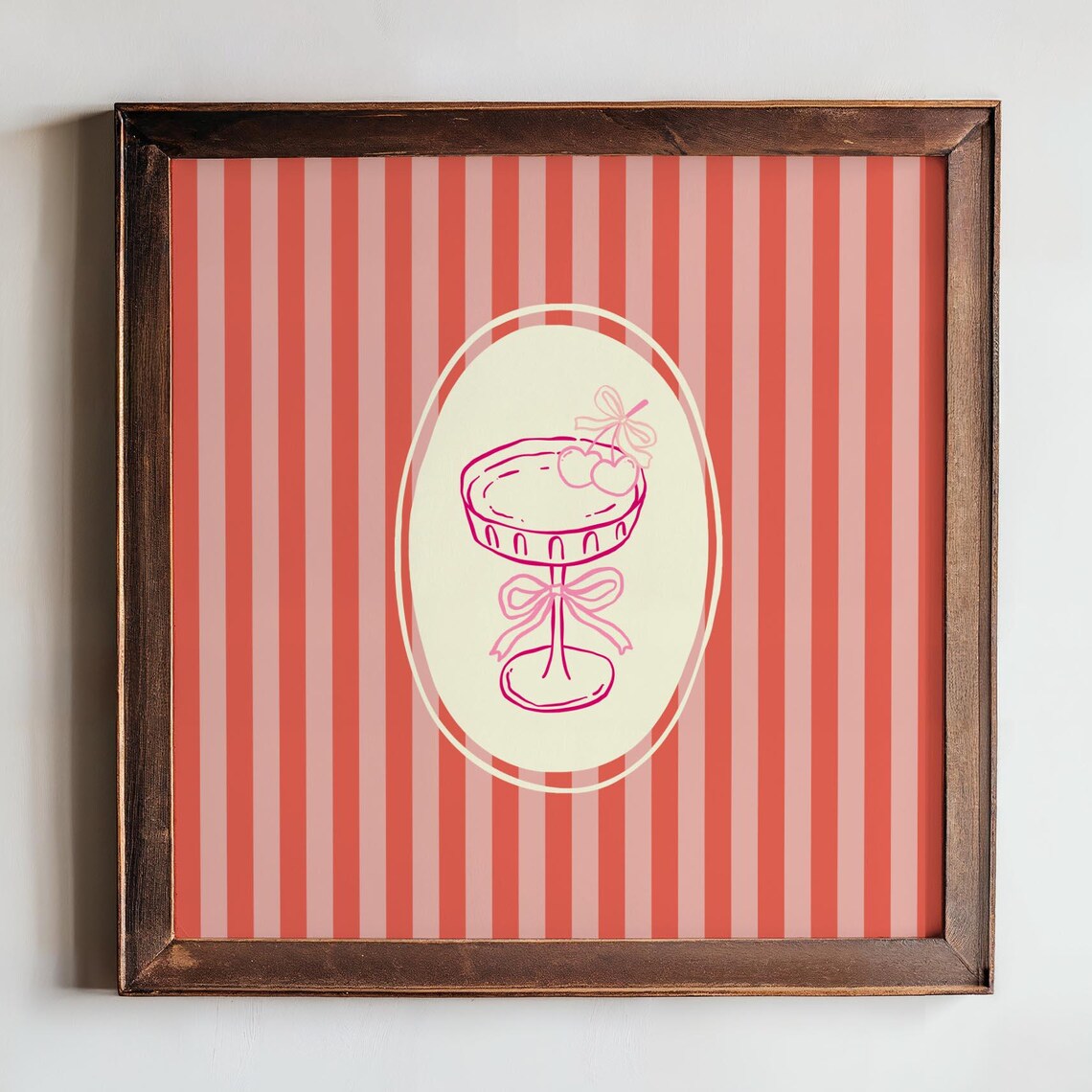 Coquette Cherry Cocktail Bow Drink Pink Striped Kitchen Bar Cart Decor Poster