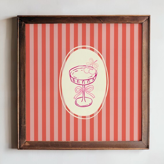 Coquette Cherry Cocktail Bow Drink Pink Striped Kitchen Bar Cart Decor Poster