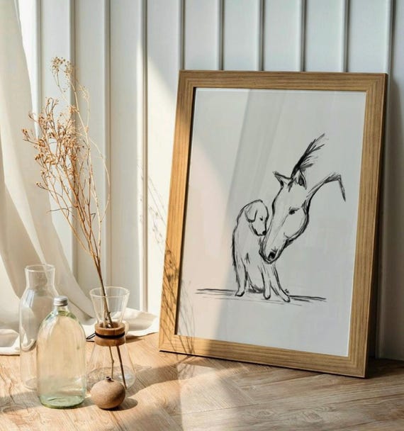 Dog And Horse Art Print Hand Drawn Equestrian Wall Artcute Sketch Vintage Retro Nursery Poster Artwork