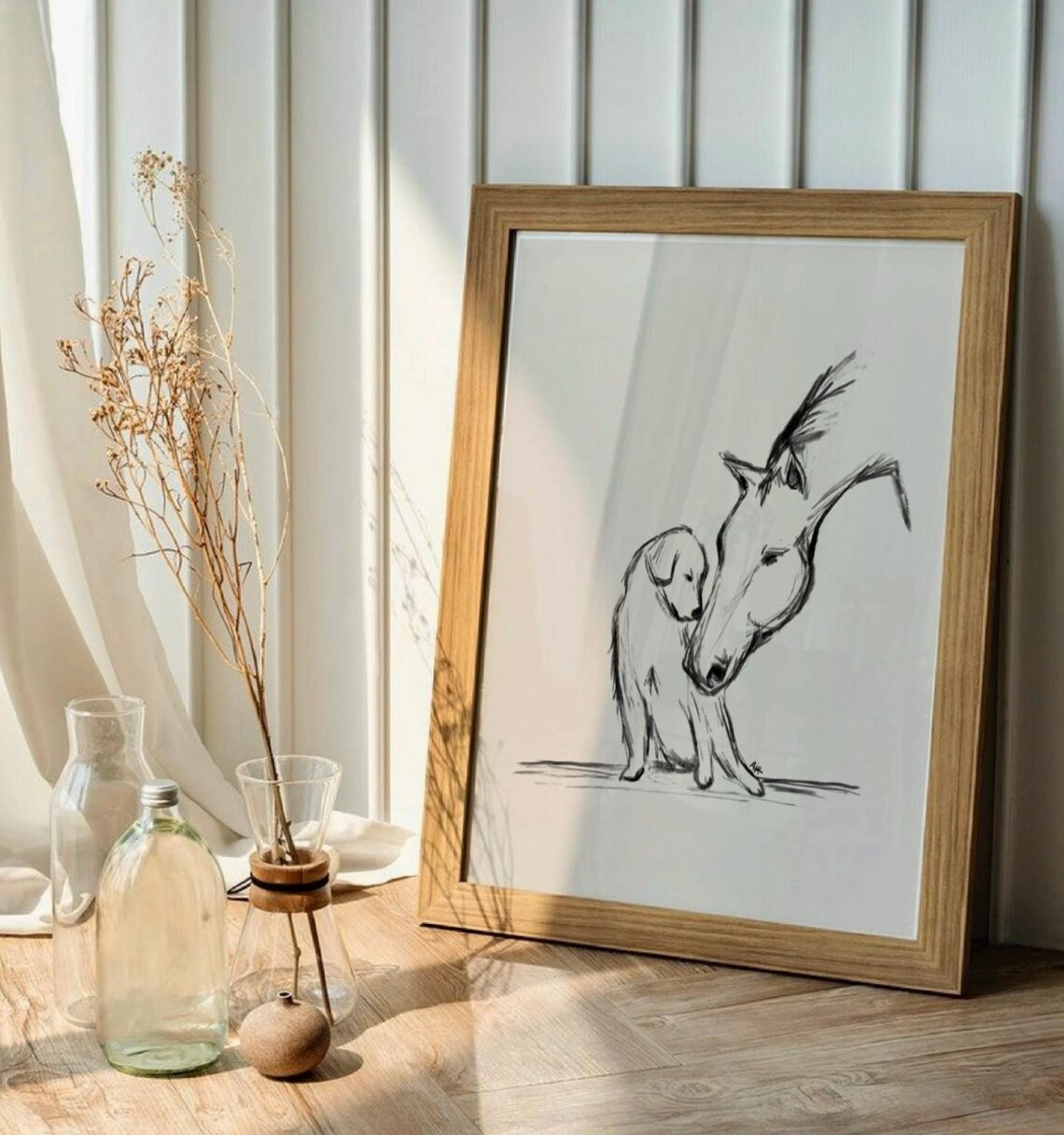 Sweet Dog and Horse Nuzzling Minimalist Sketch Animal Art Poster