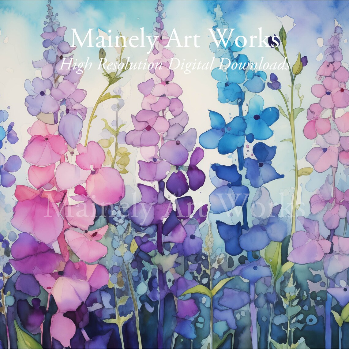 Pink Blue Larkspur Delphinium Spike Bright Floral Watercolor Poster - Image 3