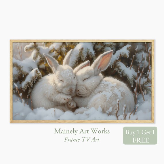 Two White Bunnies Snuggling In Snow Winter Rabbit Painting Cute Wall Art Print