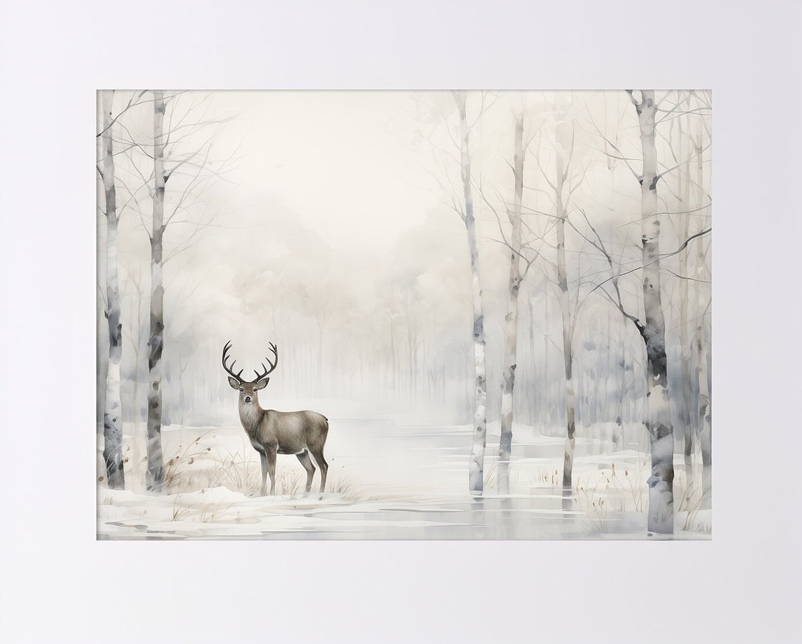 Winter Buck Deer Misty Birch Forest Snow Minimalist Wall Art Poster - Image 3