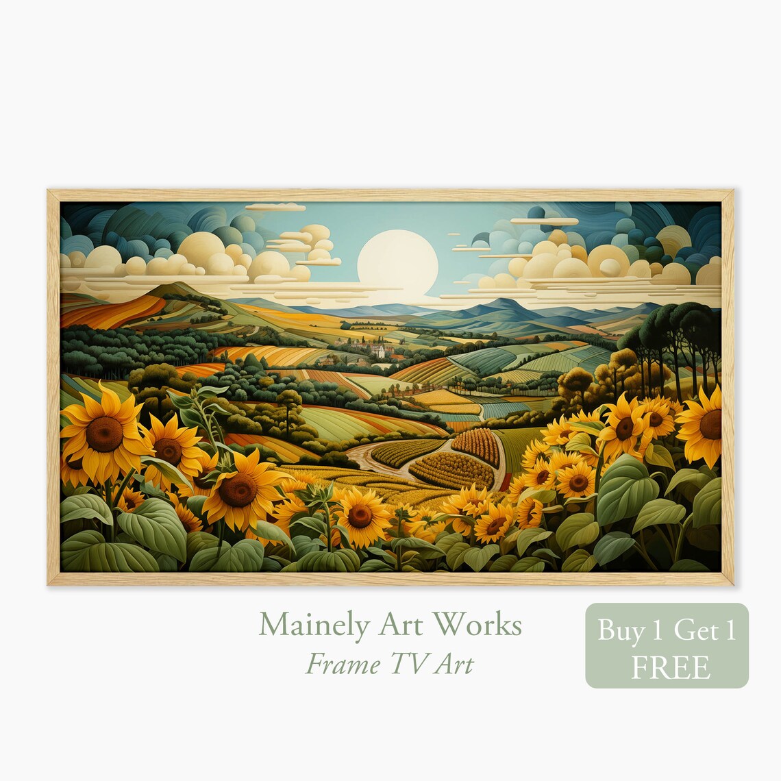 Sunflower Field Rolling Farmland Landscape Art Deco Style Poster