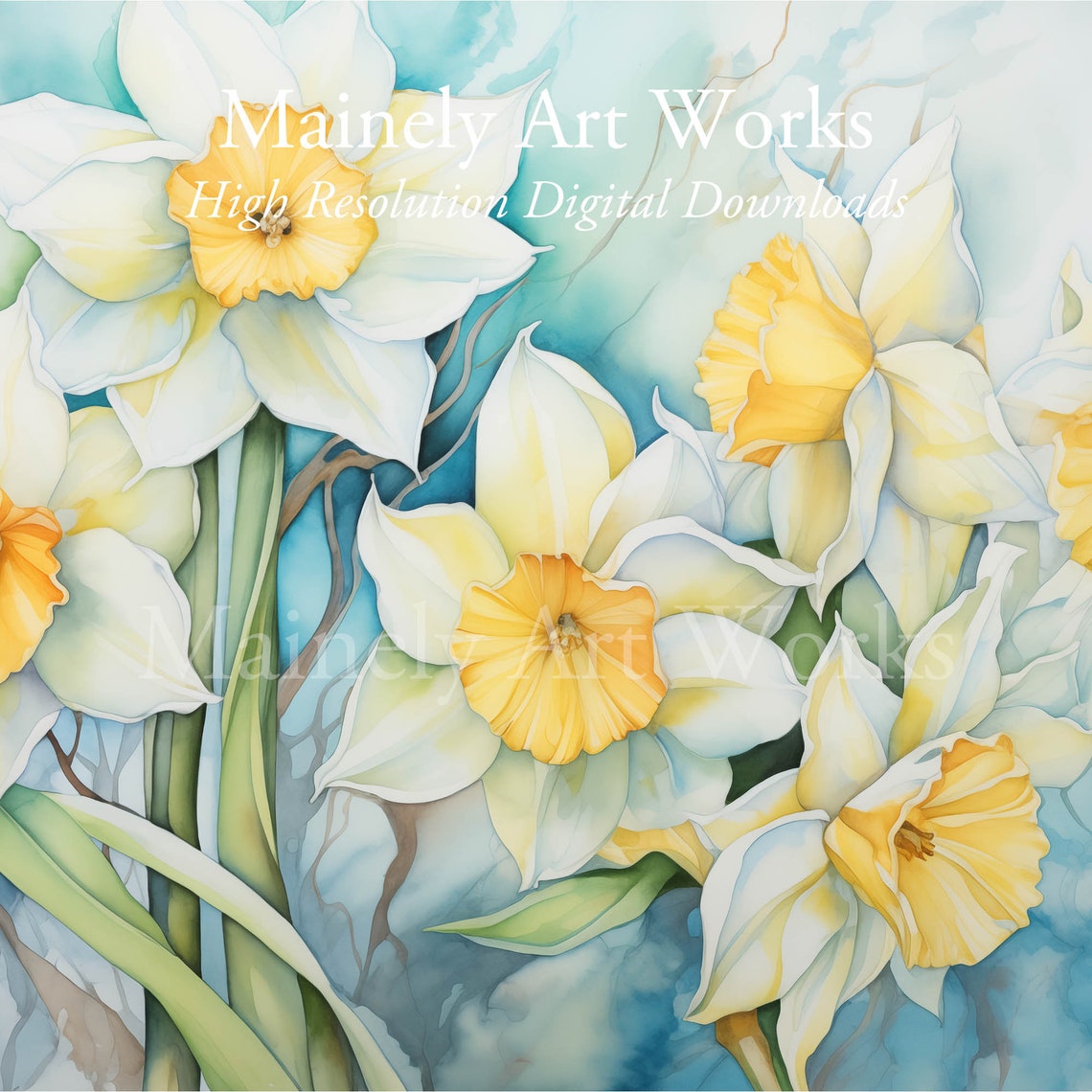 White Daffodil Jonquil Spring Bloom Yellow Center Watercolor Poster - Image 3