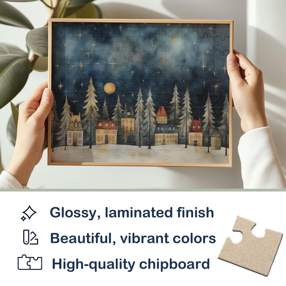 Winter Night Snowy Village Moonlight Stars Pines Folk Art Poster - Image 2