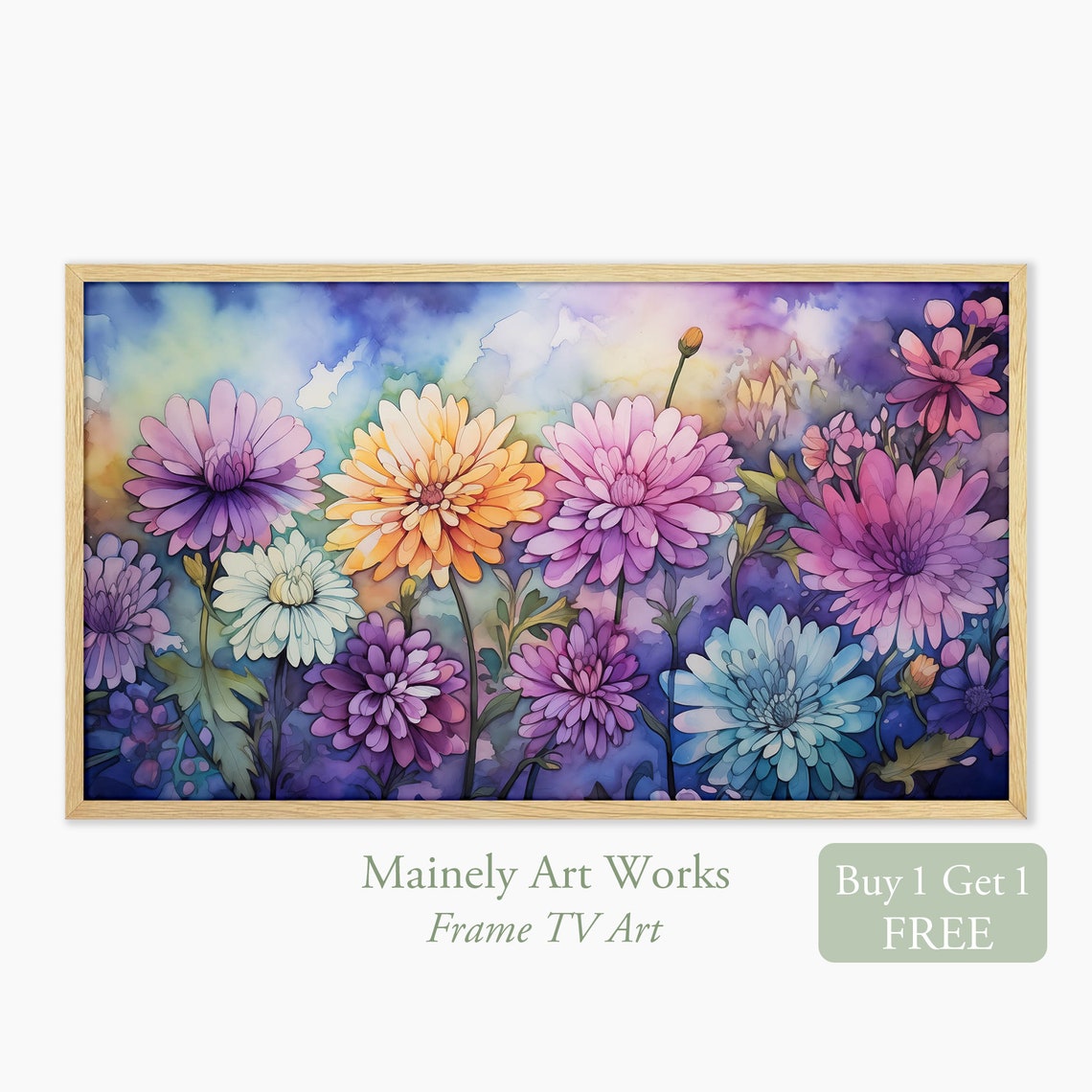 Colorful Mum Aster Bloom Purple Orange Teal Watercolor Poster