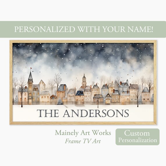 Personalized Family Name Winter Village Skyline Snowy Christmas Wall Art