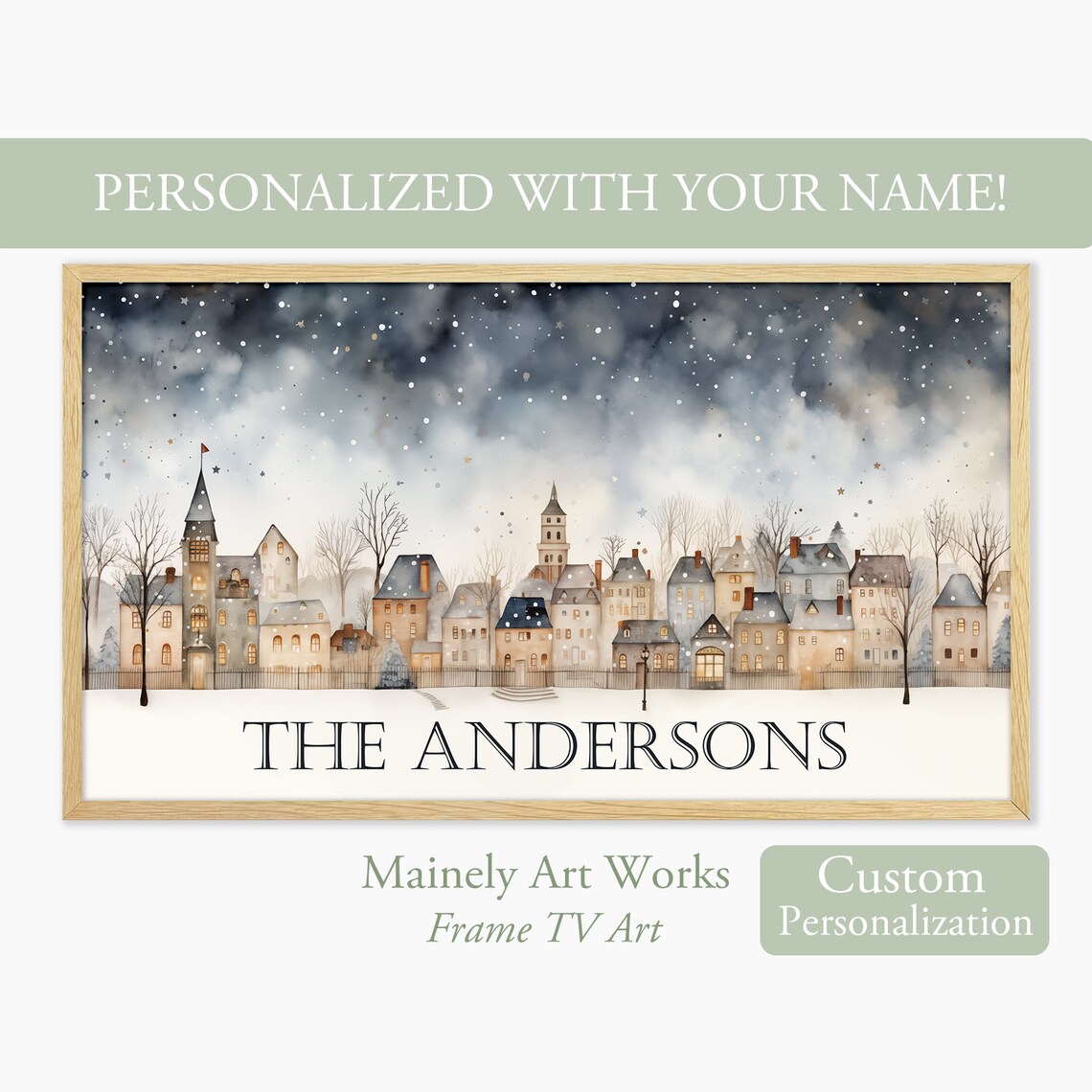 Personalized Family Name Winter Village Skyline Snowy Christmas Wall Art