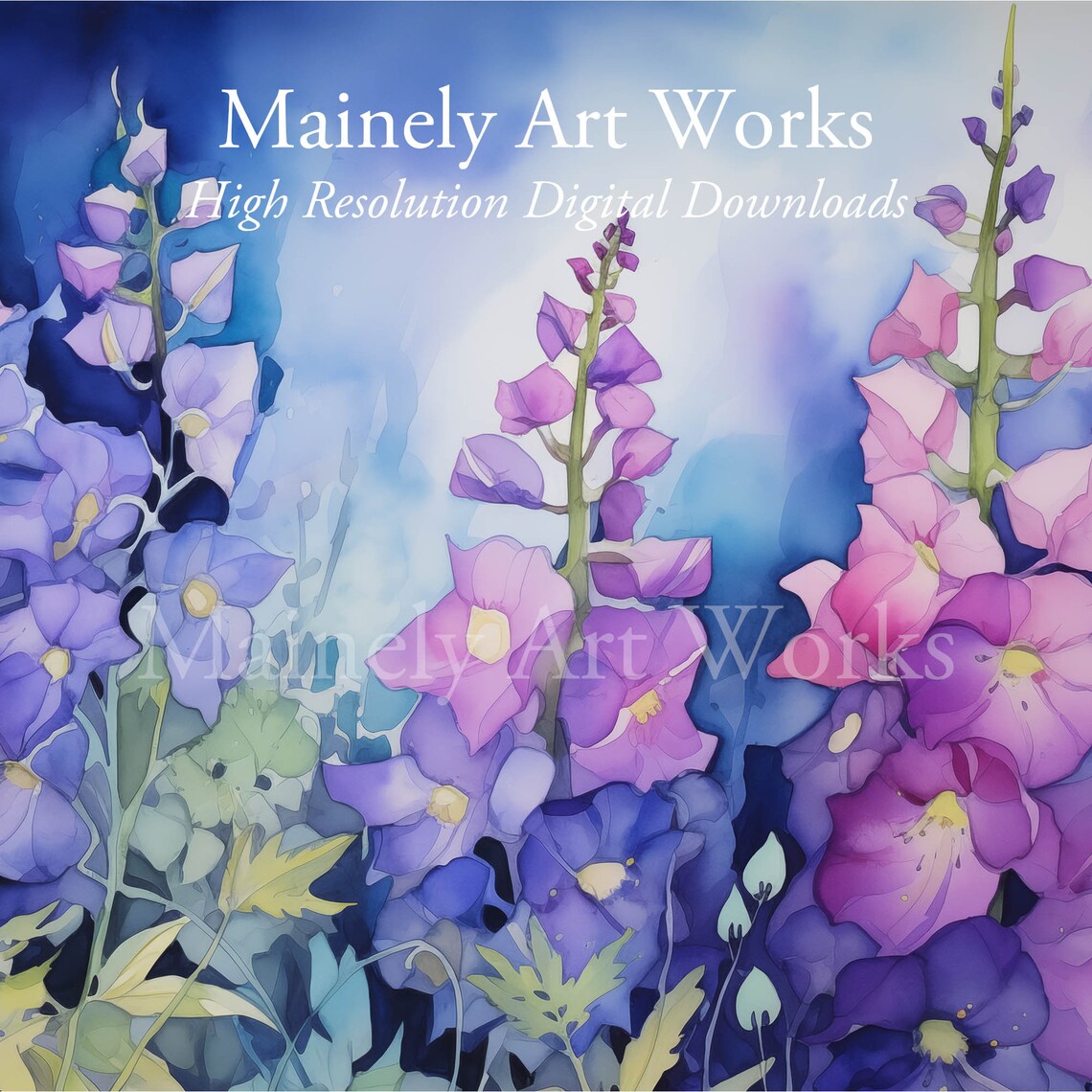 Purple Delphinium Night Garden Bloom Moonlight Watercolor Poster - Image 3