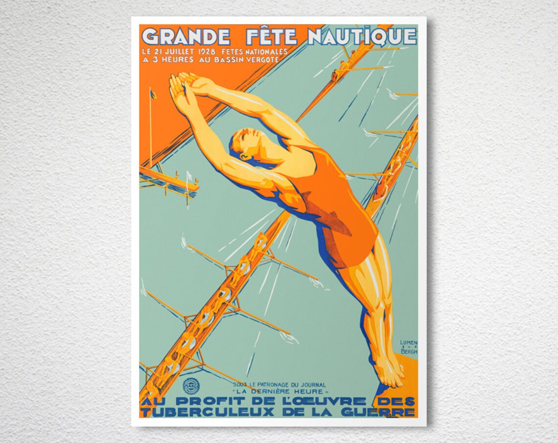 1928 Grande Fete Nautique French Rowing Regatta Diver Charity Poster - Image 2