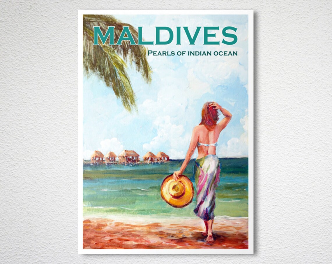 Maldives Pearls of Indian Ocean Bungalows Beach Travel Poster - Image 2
