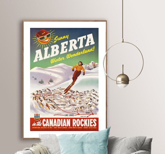 Sunny Alberta Winter Wonderland Canadian Rockies Vintage Ski Poster