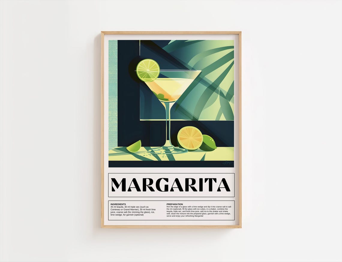 Margarita Art Deco Recipe Poster Tropical Lime Cocktail Bar Art