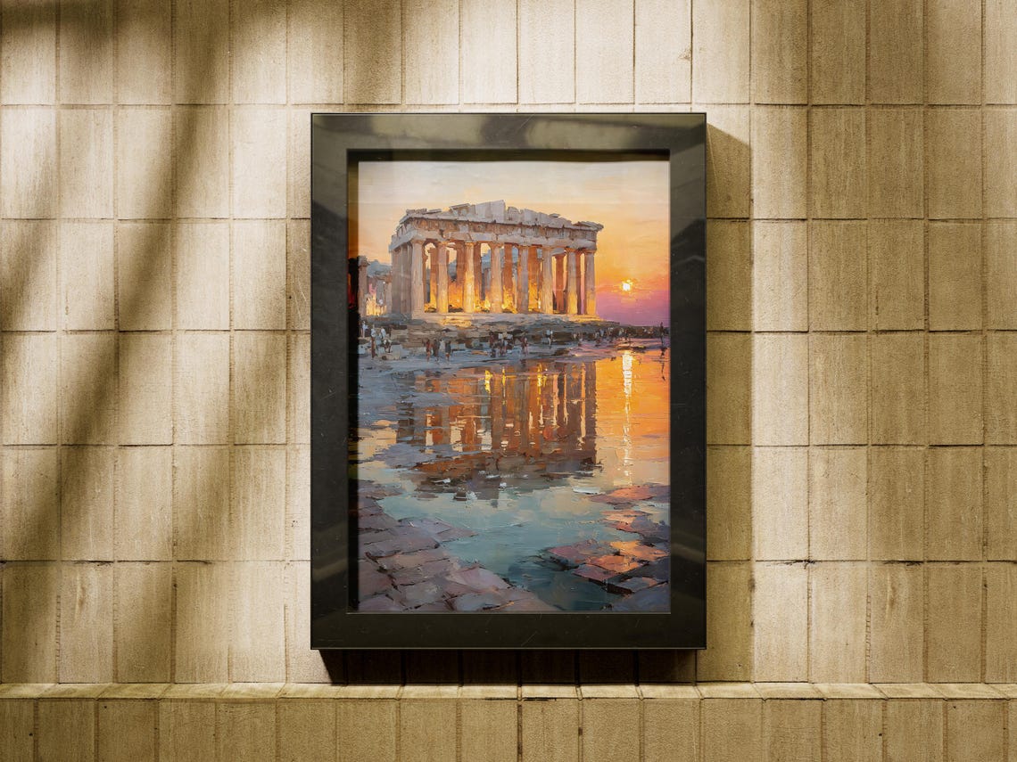 Parthenon Athens Golden Sunset Reflection Classic Painting Print