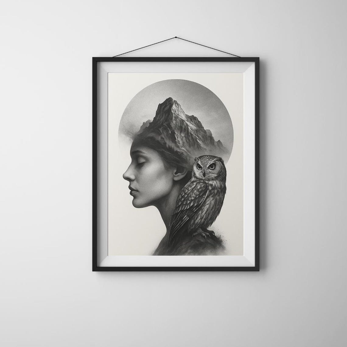 Double Exposure Woman Mountain Owl Surreal Black White Art Poster