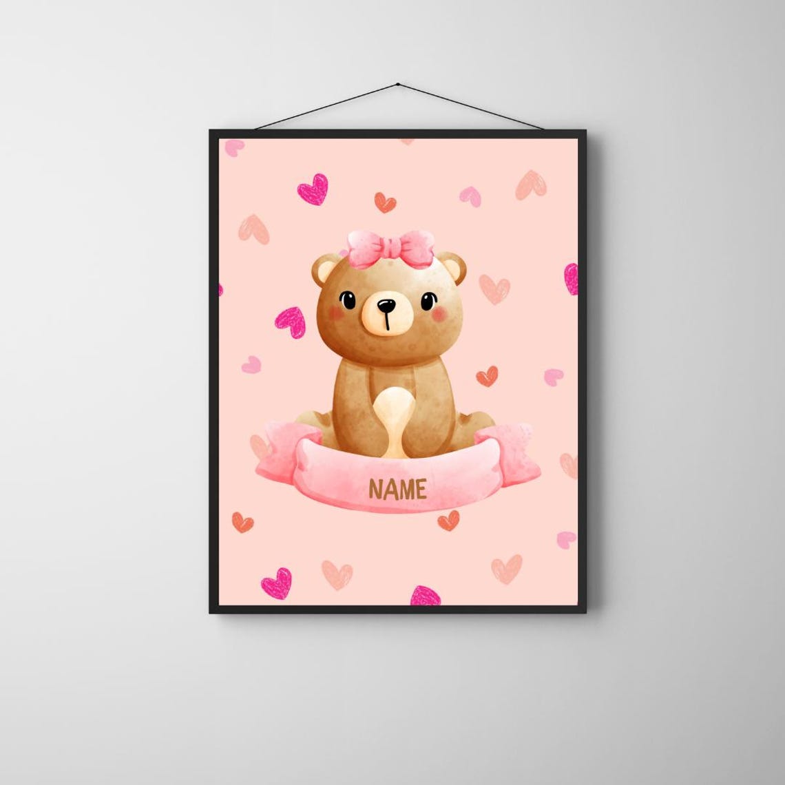 Personalized Pink Bear Nursery Poster Custom Name Banner Baby Girl Art