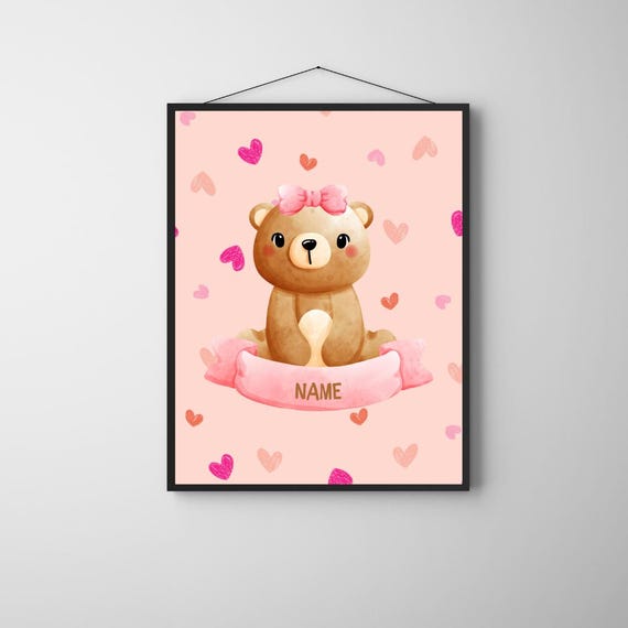 Personalized Bear Girl Name Poster Pink Nursery Wall Art For Baby Girls Custom Cute Bow Teddy