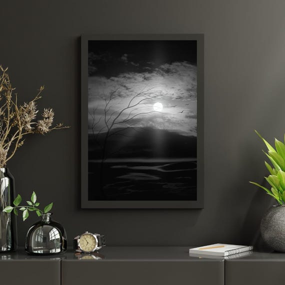 Moonlight River Black And White Landscape Print Minimalist Matte Poster Wall Art Tranquil Night Nature Scene For Modern Home Decor