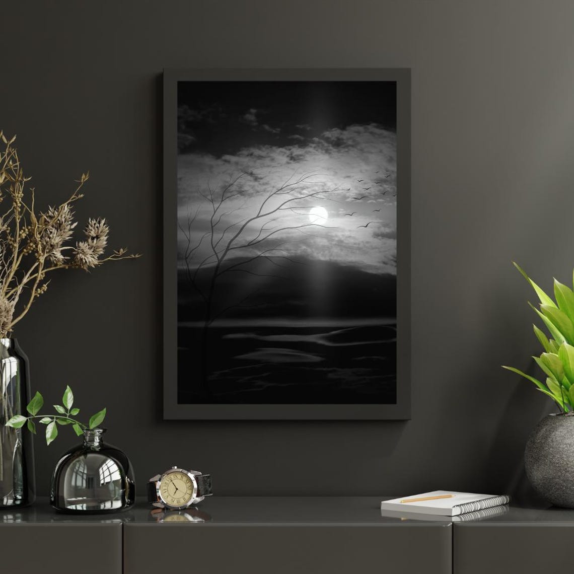 Moonlight Water Reflections Black and White Night Scene Print