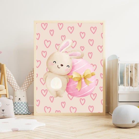 Set Of 3 Bunny Wall Art Prints Cute Rabbit Nursery Decor With Pink Heart Background For Baby Girl Room