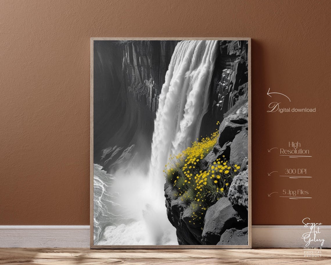 Black And White Waterfall Yellow Wildflowers Selective Color Poster