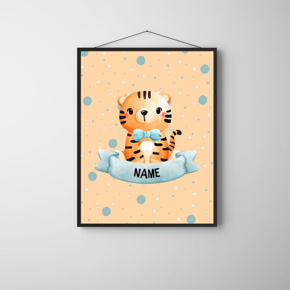 Personalized Baby Tiger Nursery Name Poster Watercolor Cute Bowtie