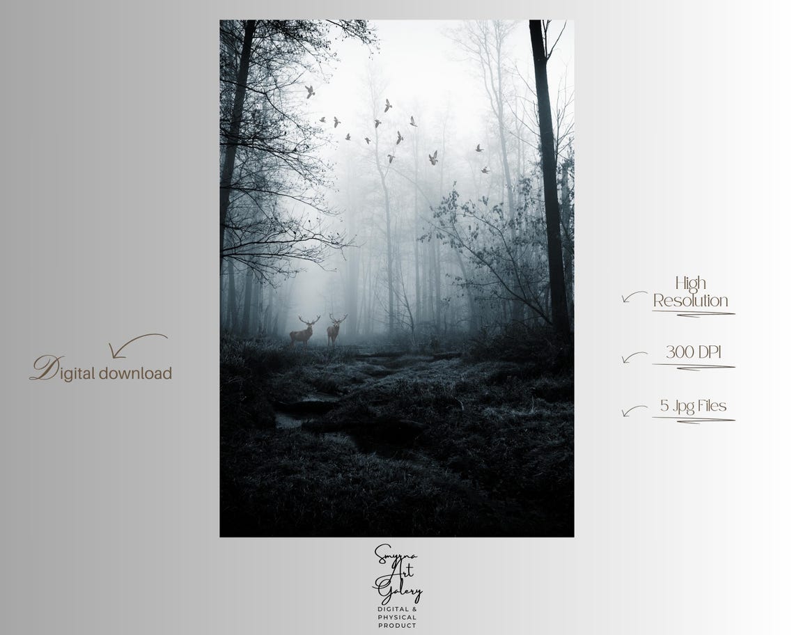 Foggy Forest Deer in Misty Woods Dark Moody Nature Photo Wall Art