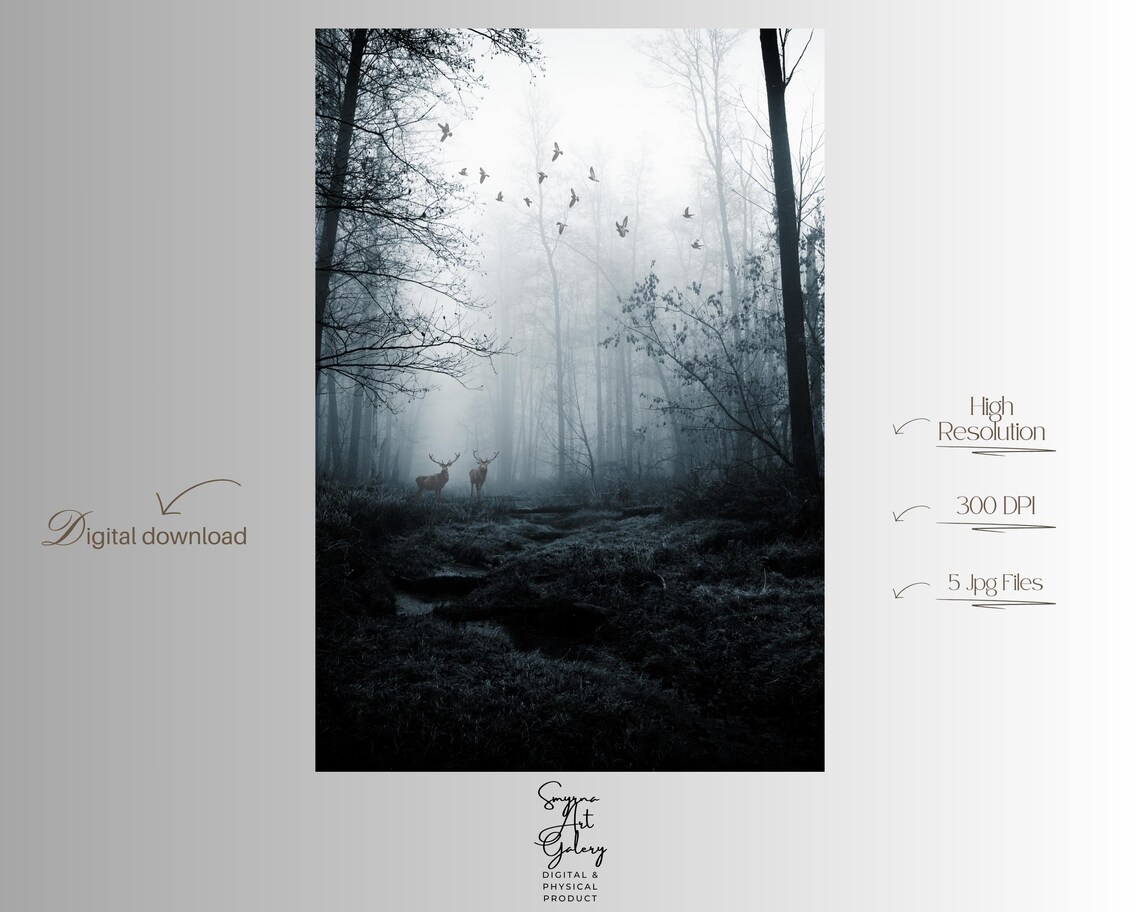 Foggy Forest Wall Art With Deer Misty Woods Nature Scene Dark Moody Landscape