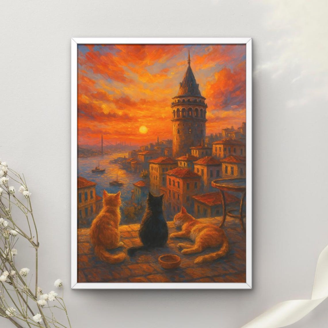 Galata Tower Sunset Istanbul Cats Rooftop Warm Painting Wall Art