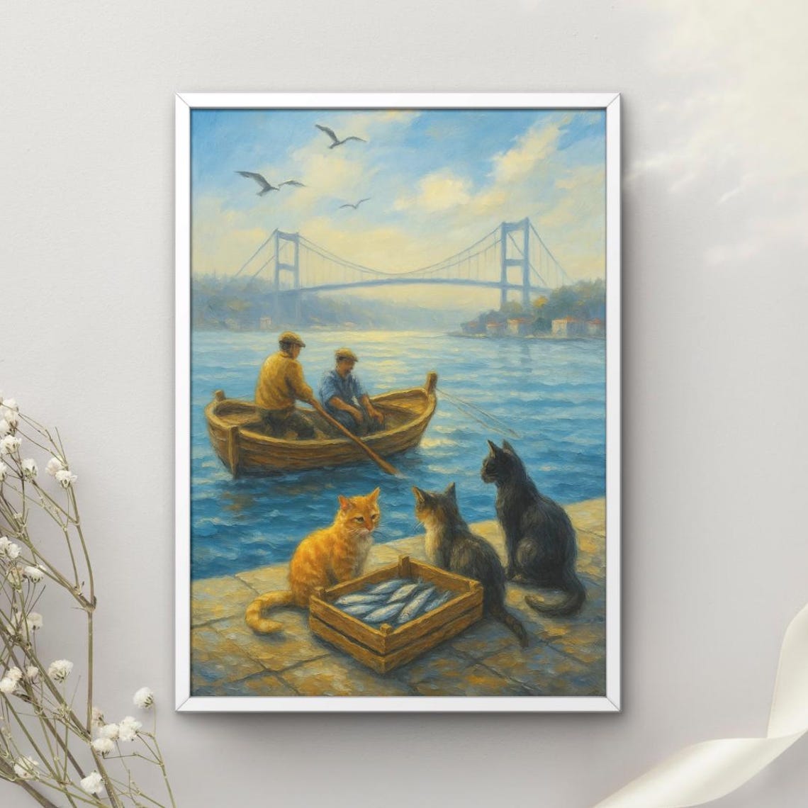 Cats Waiting For Fish Istanbul Harbor Fishermen Boat Scene Wall Art