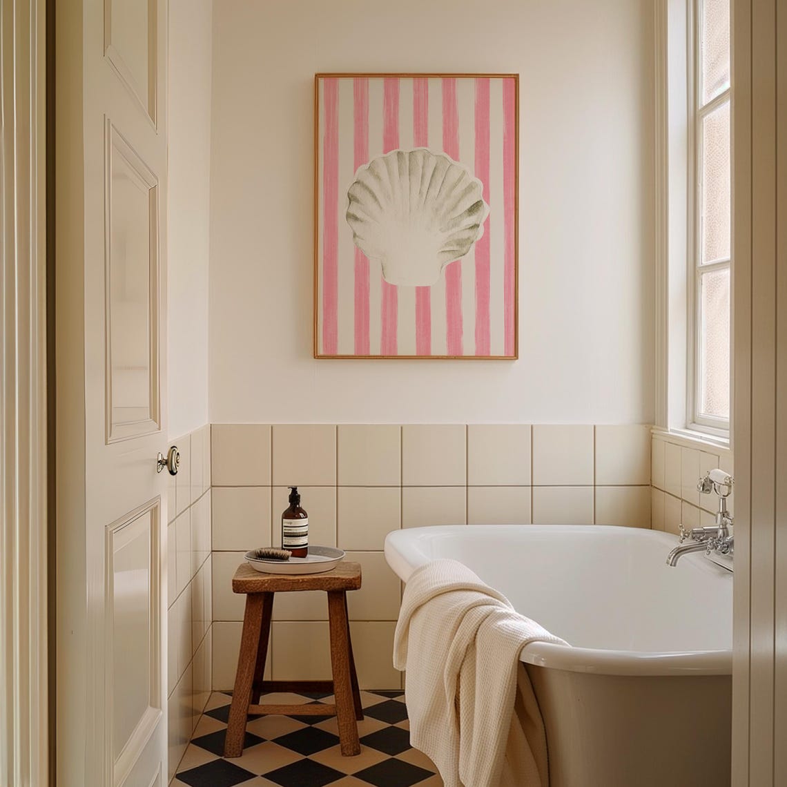 White Scallop Shell Pink Stripe Background Coastal Art Print Poster - Image 5