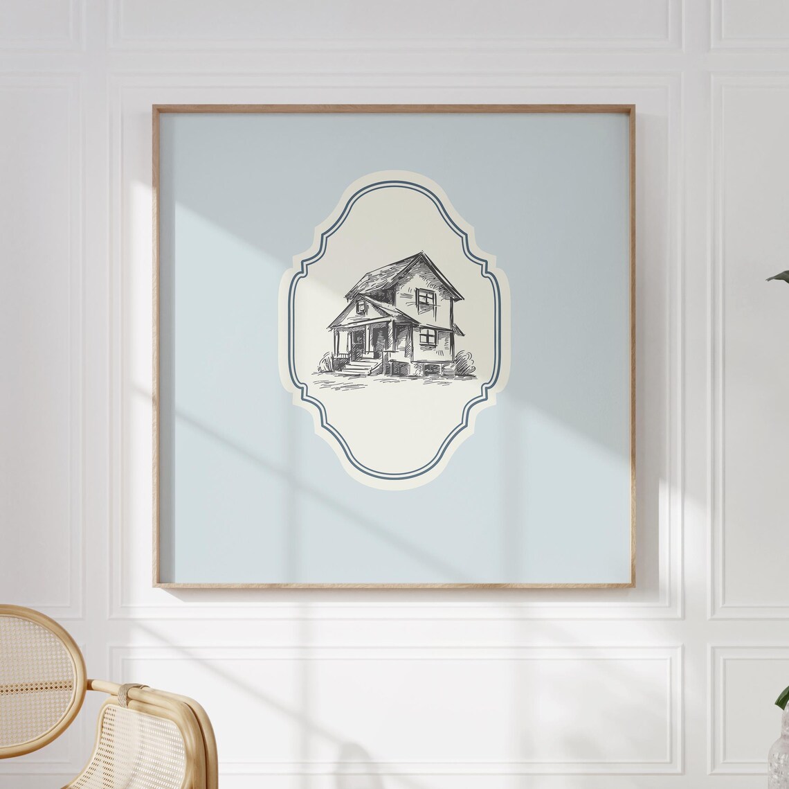 Vintage House Sketch Baby Blue Ornate Square Cottage Nursery Poster - Image 4