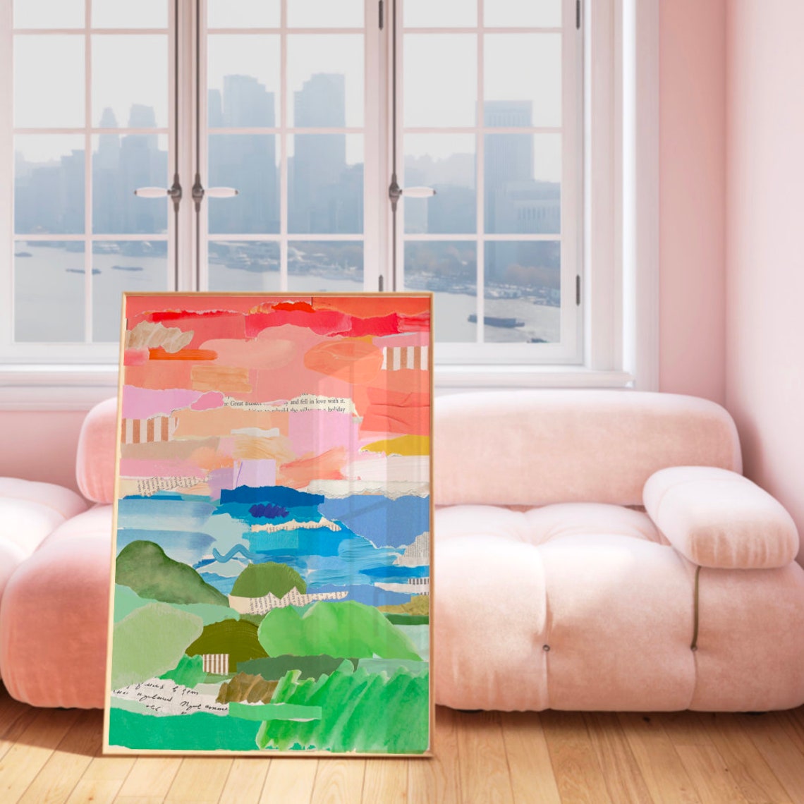 Abstract Torn Paper Collage Sunset in Pink Orange and Green Art Print