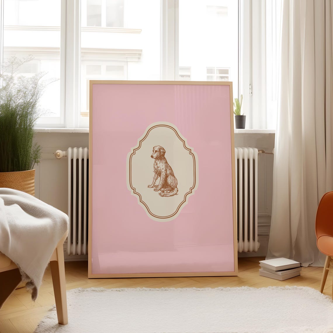 Vintage Sitting Dog Etching Pink Vertical Ornate Nursery Wall Art