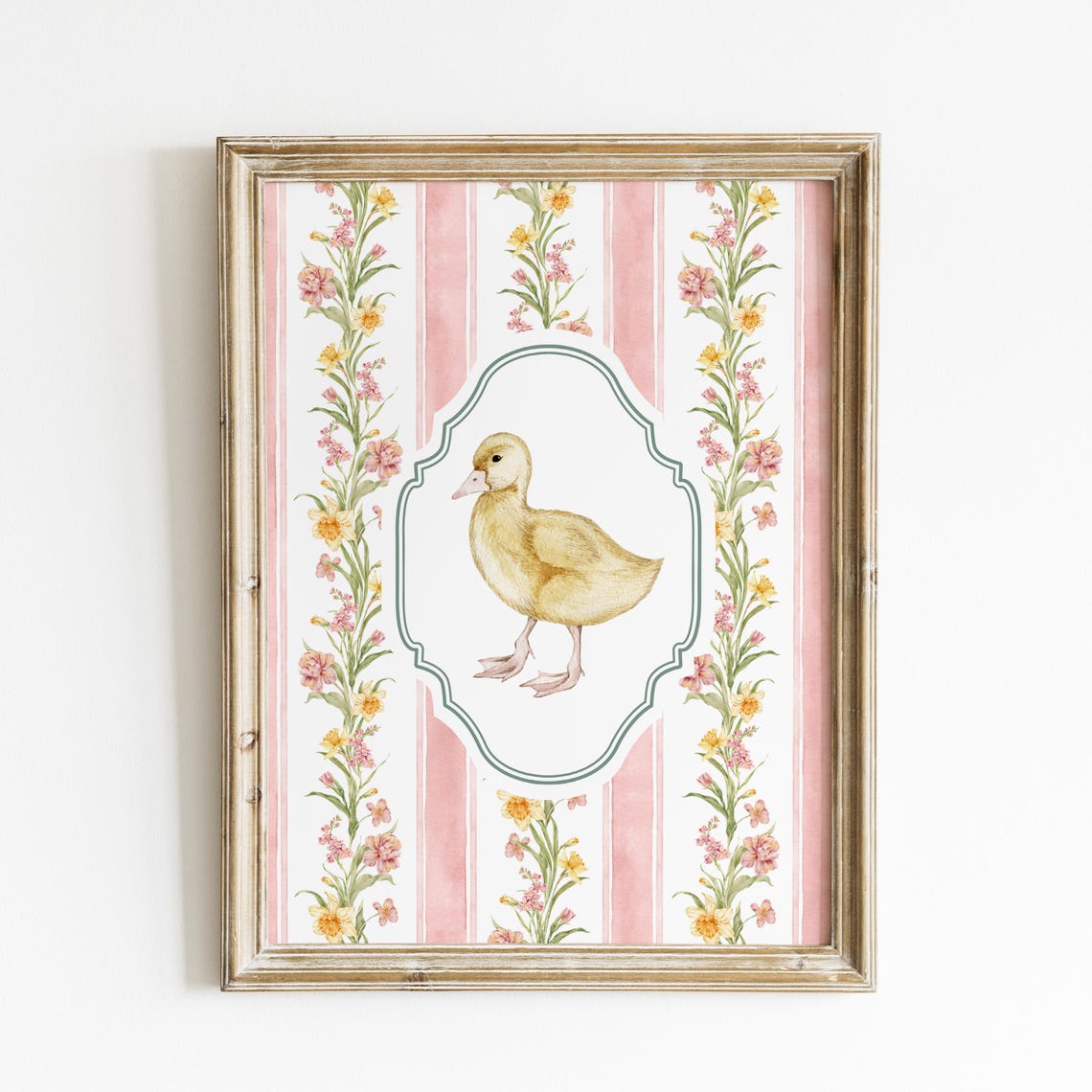 Baby Duckling Pink Striped Floral Vintage Nursery Wall Art Poster