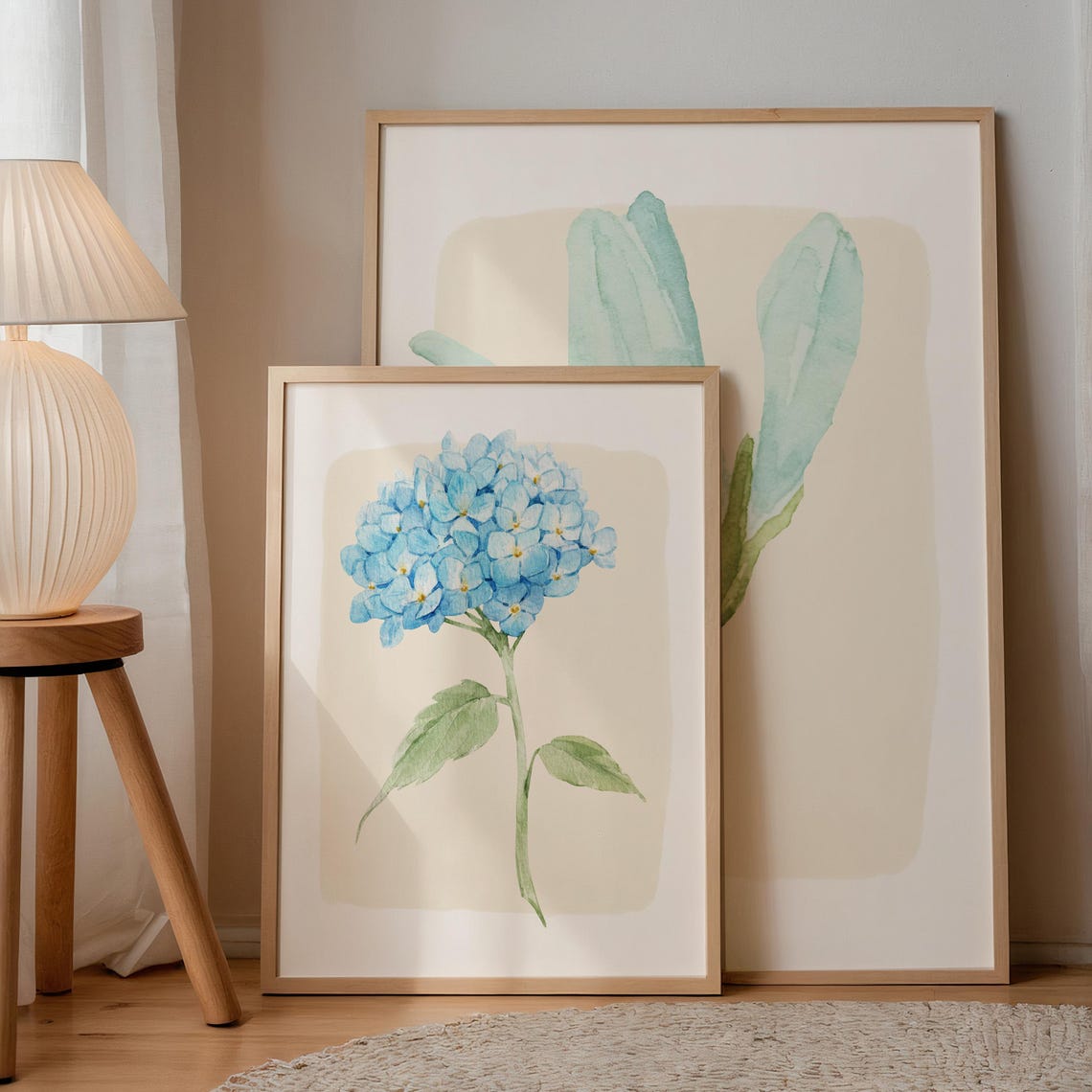 Blue Hydrangea Watercolor Botanical Wall Art Print Styled Pair Set